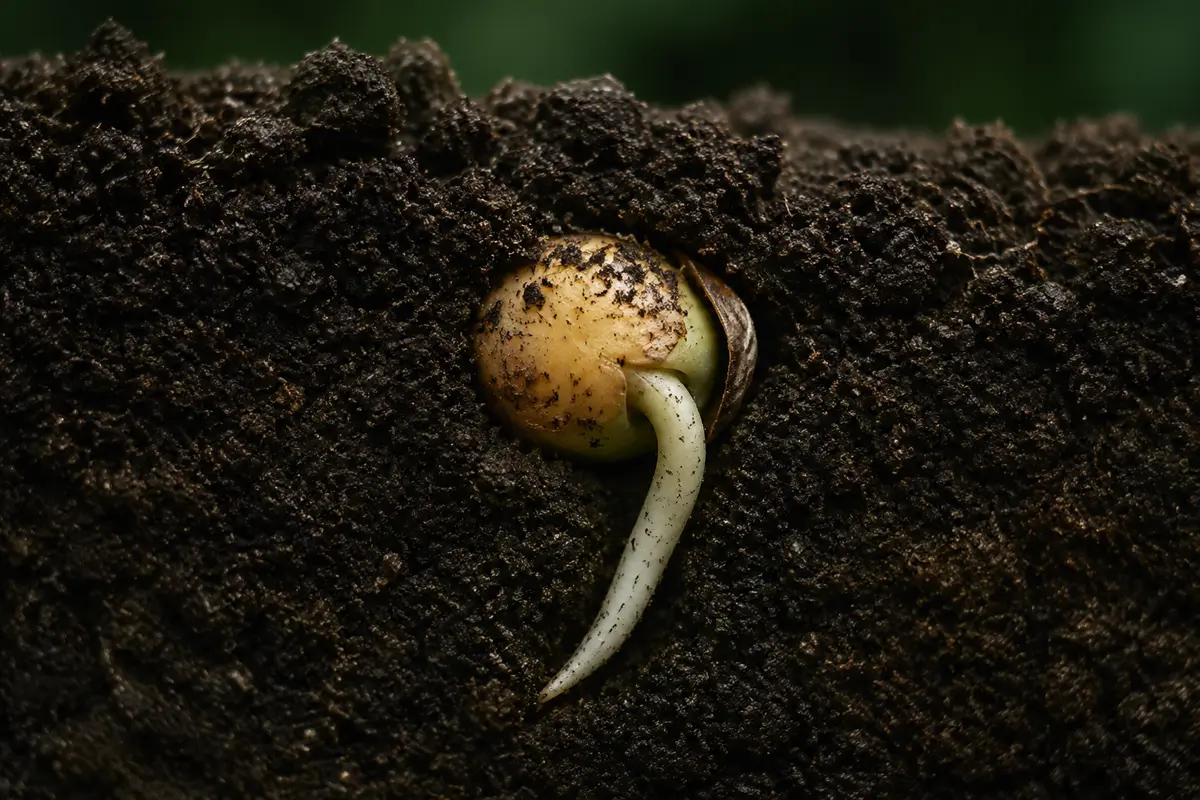 Semente em germinação representando o planejamento do tratamento de sementes